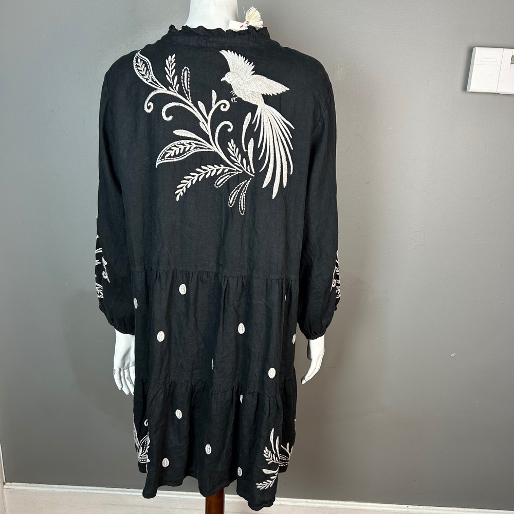 Johnny Was Linen Dress Large Lagenlook Bird Floral Tiered NWT Nature Earthy - Picture 3 of 12